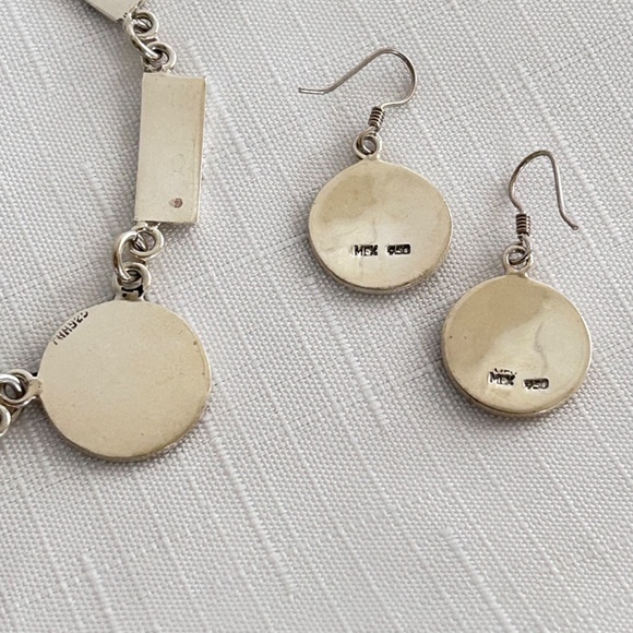 Sterling Silver 925 Aztec Mayan Turquoise Necklace And Earrings Set - Picture 8 of 10